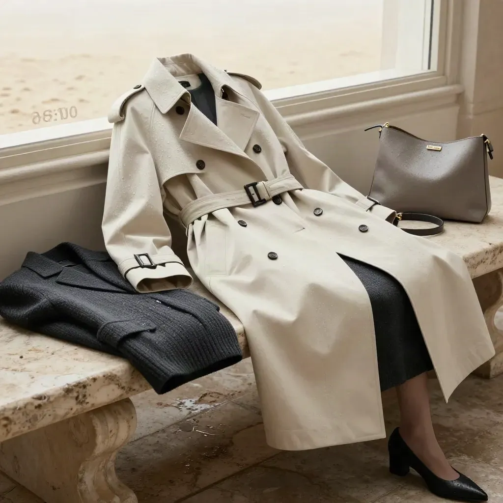 Trench avorio, blazer carbone, borsa e décolleté su panca di pietra dopo la pioggia.