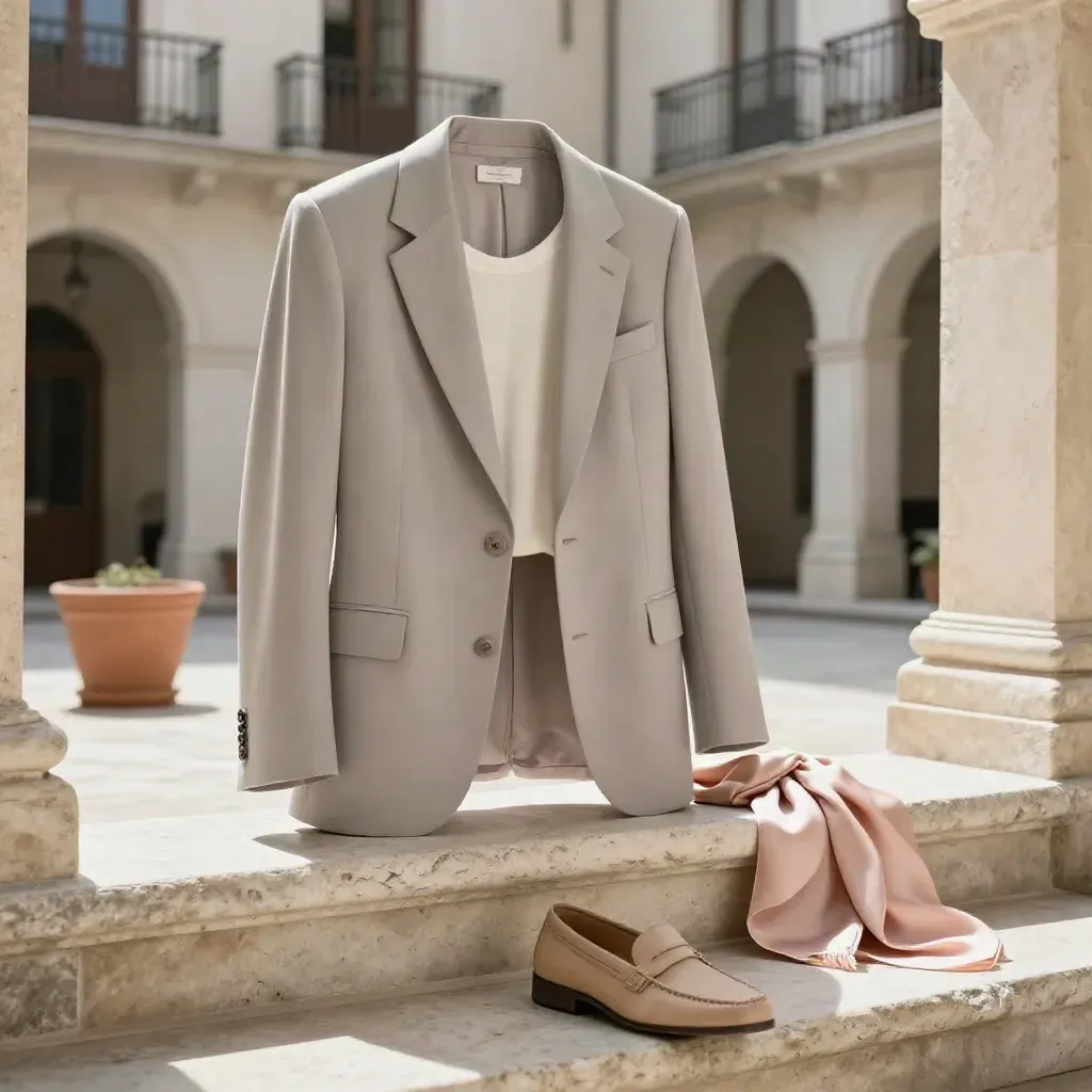 Completo città su gradino in cortile interno, con blazer mosso dal vento e luce di mezzogiorno.