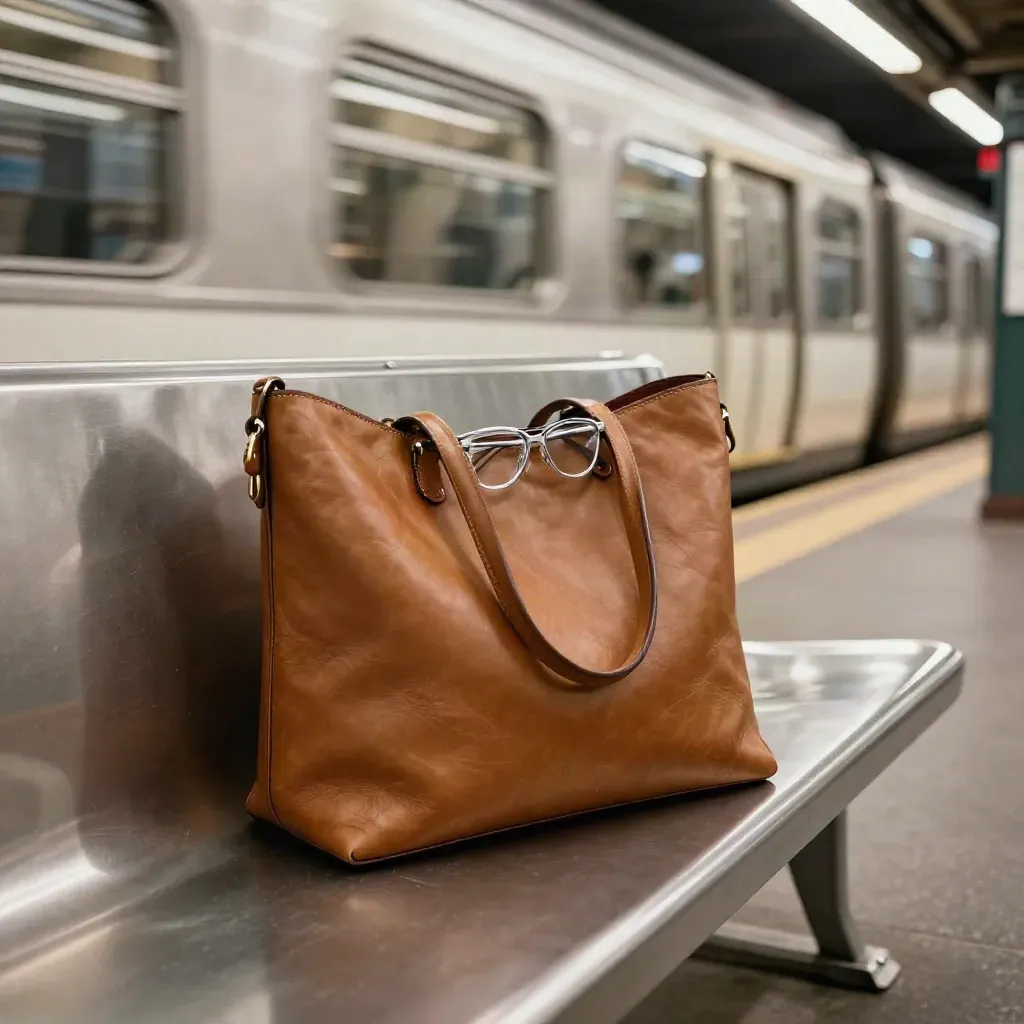 Borsa in pelle, occhiali sottili e orecchini dorati su panca metro, treno sfocato sullo sfondo.