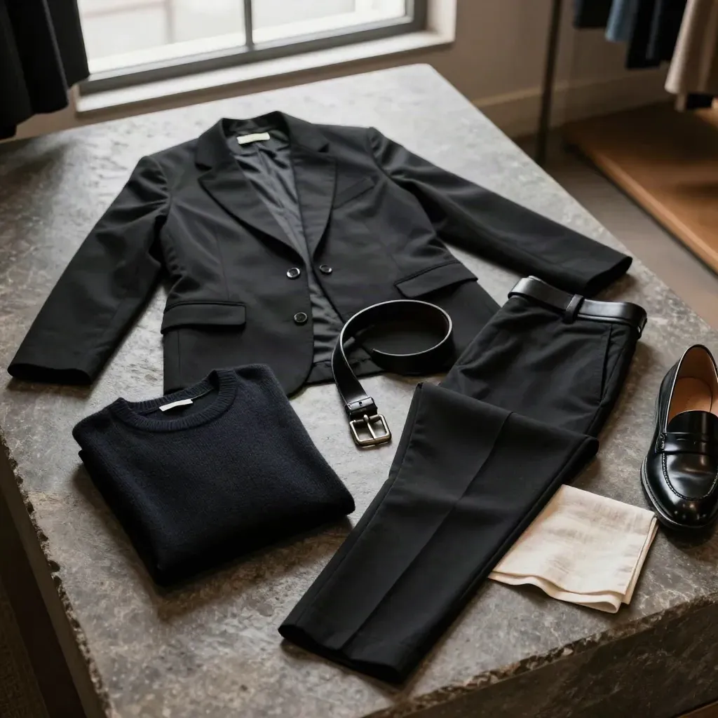 Capsule wardrobe nero con blazer, maglia, pantaloni, cintura e loafers su pietra, vista dall’alto.