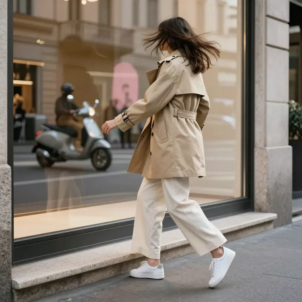 Look street milanese con trench, pantaloni ampi e sneaker davanti a una vetrina con Vespa sfocata.
