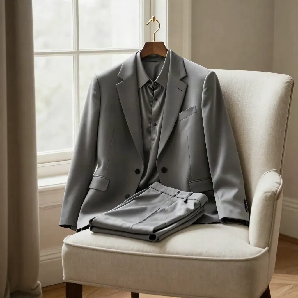 Blazer grigio fumo con camicia in seta e pantalone fluido su poltroncina chiara vicino a una finestra.