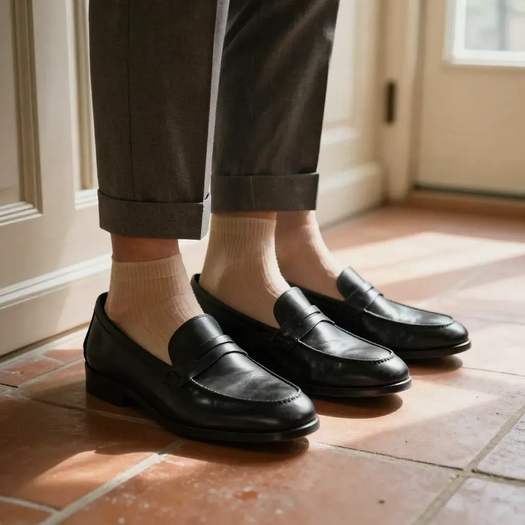 Loafers e ballerine accanto a una porta luminosa, con pantaloni cropped e calze sottili.
