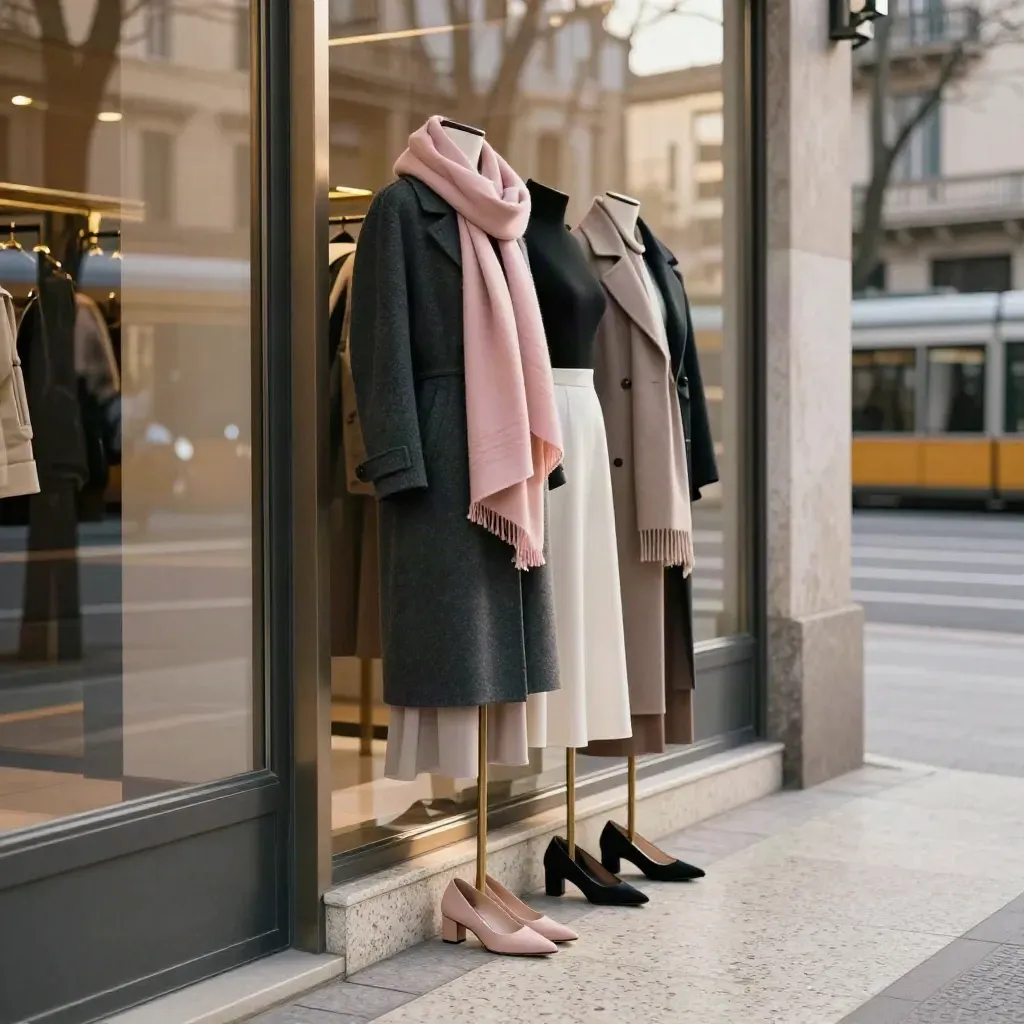 Vetrina d’angolo milanese con cappotti, gonne e scarpe basse riflessi sulla strada.