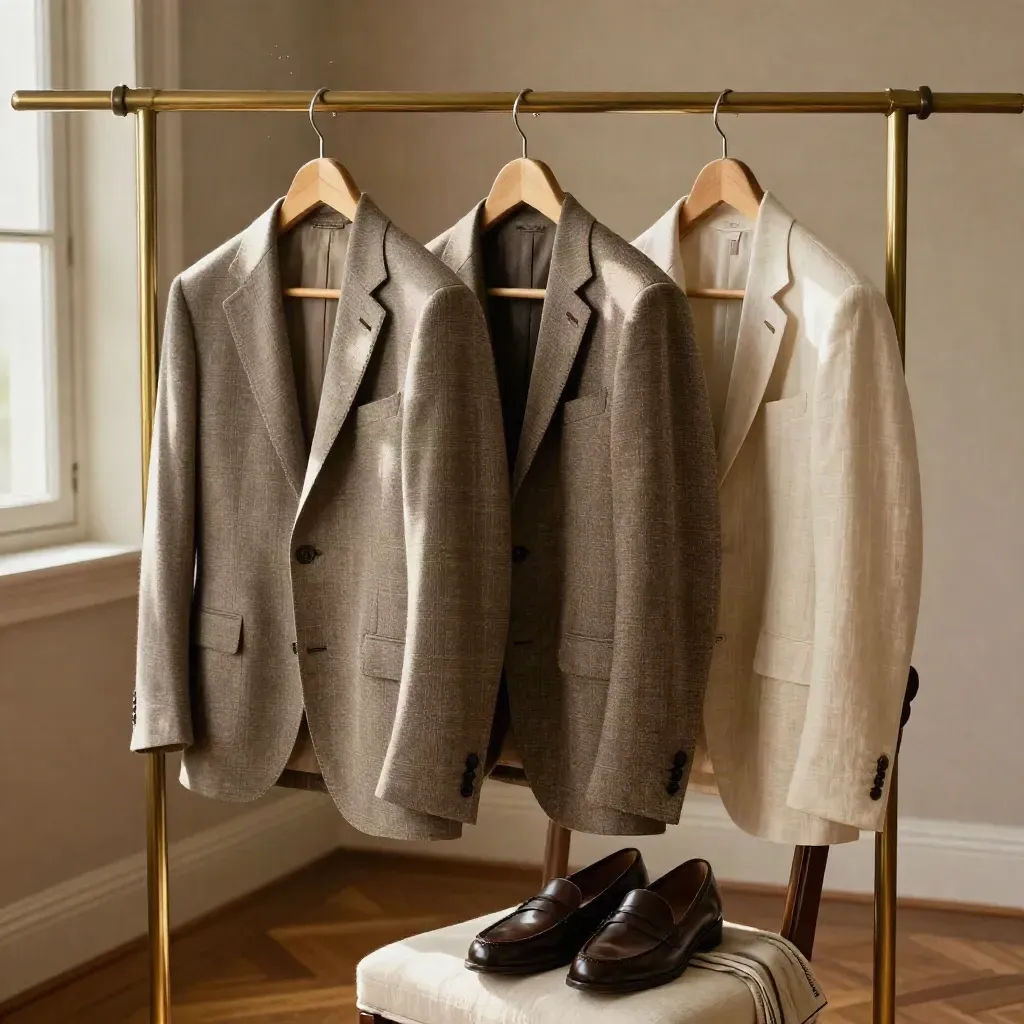Tre blazer appesi su un rail, con sedia e loafers sotto, in una stanza luminosa.