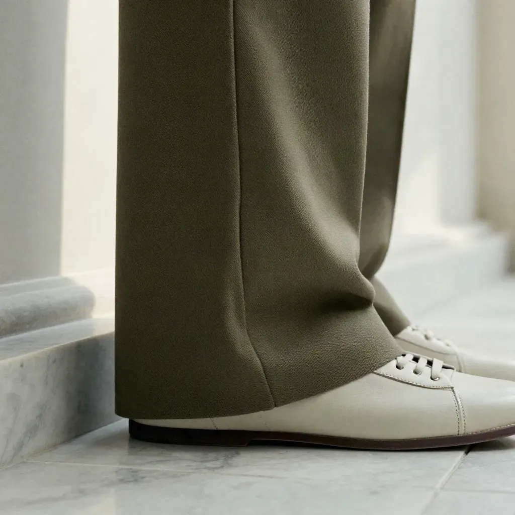 Pantaloni larghi in tessuto netto cadono su un gradino di marmo accanto a una sneaker e una cintura arrotolata.