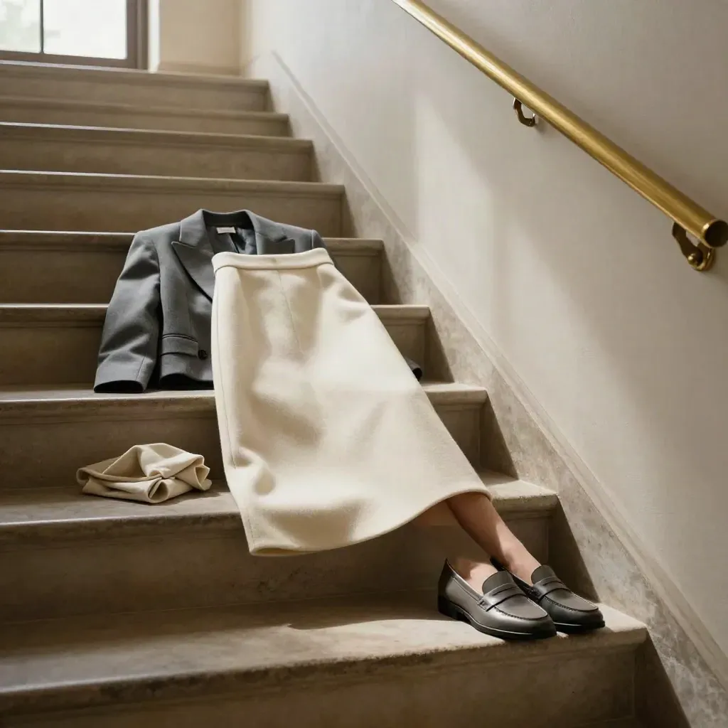 Gonna midi, blazer corto e loafers su una scala interna luminosa.