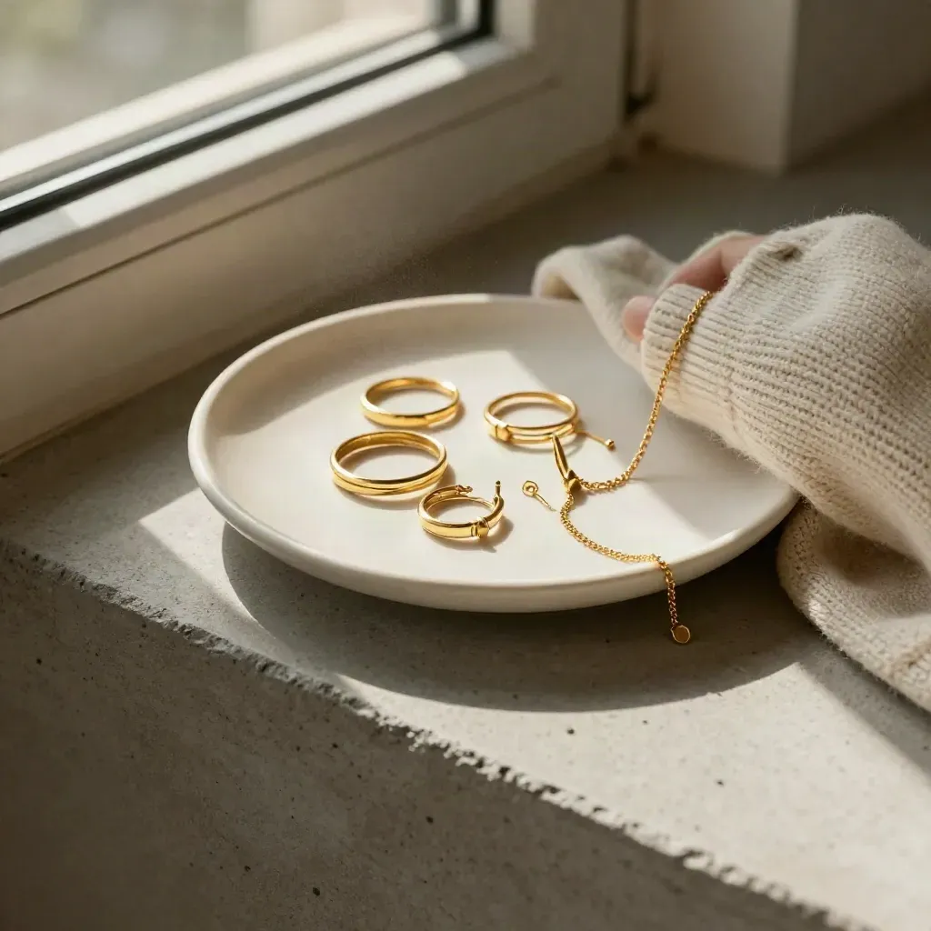 Gioielli dorati su piattino di ceramica con manica di maglia chiara, luce calda dal finestrino.