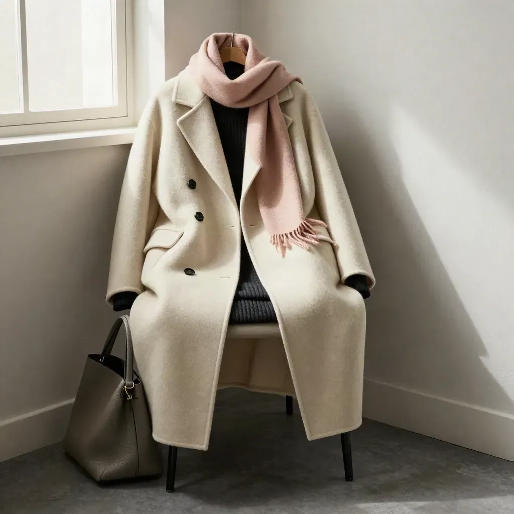 Outfit neutro chic su una sedia chiara, con cappotto avorio, knit nero, sciarpa cipria e borsa grigia.