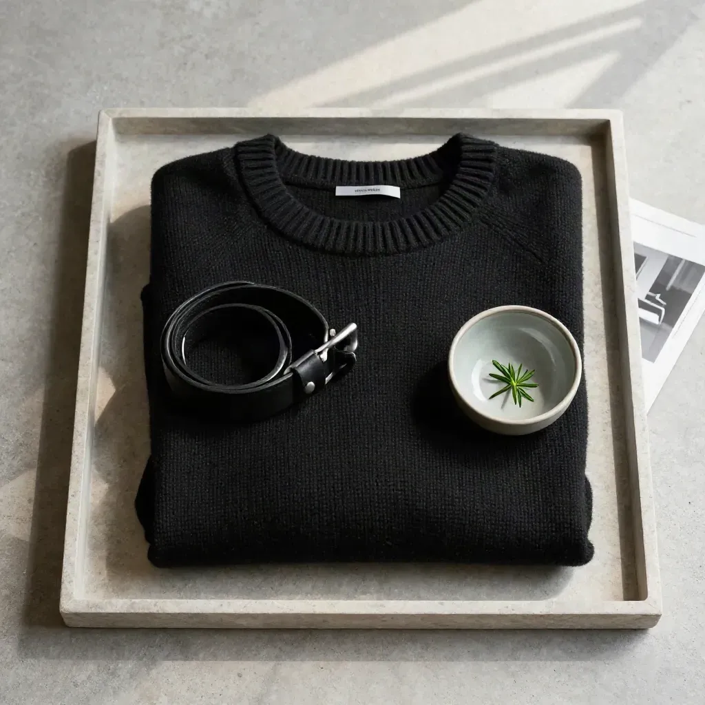 Maglione nero piegato con cintura, ciotola in ceramica e rametto verde su pietra