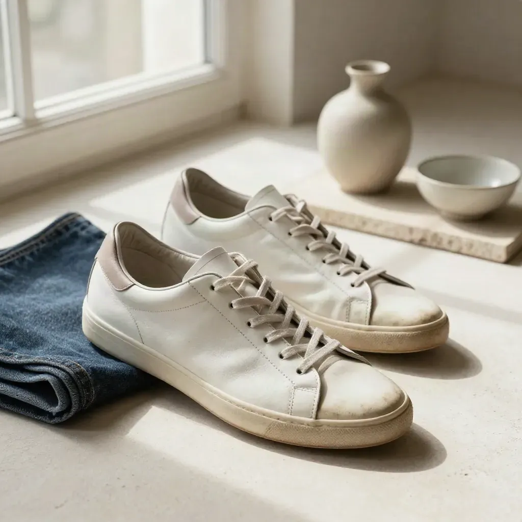Sneaker bianche vissute con denim piegato, ciotola in ceramica e vaso neutro su tray chiaro.