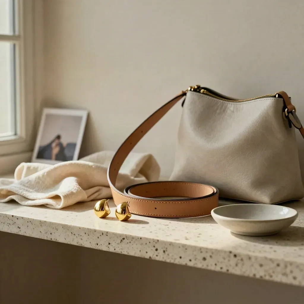 Orecchini dorati, cintura e mini bag su mensola in travertino con lino e ceramica.